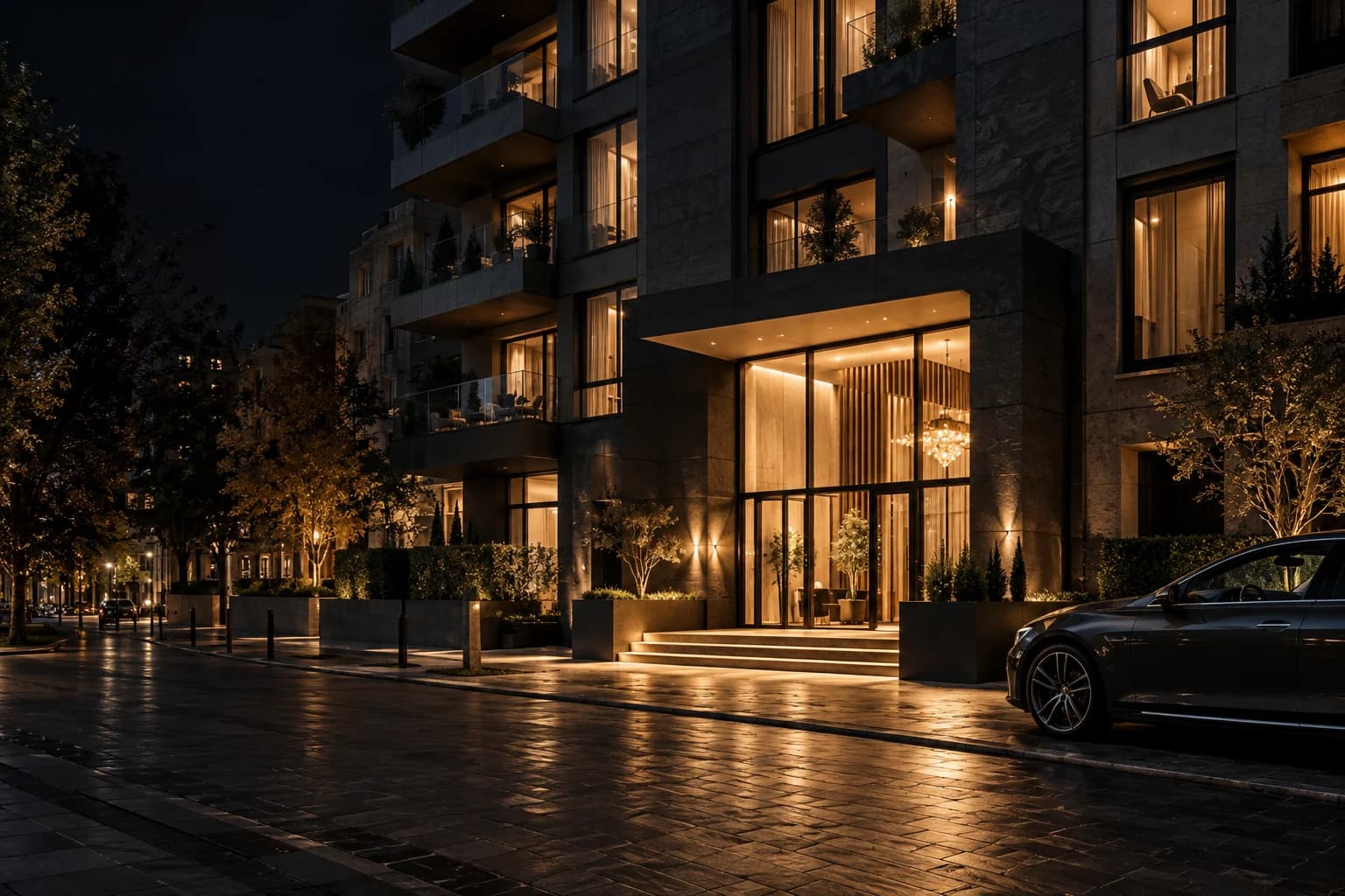 Esti társasházi környezet meleg fényű bejárattal és sötét szolgálati autóval – koncepciókép